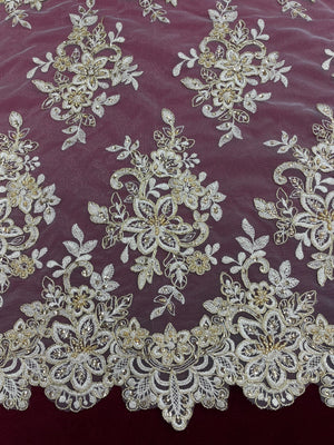 Beaded and Corded Embroidered Lace Fabric