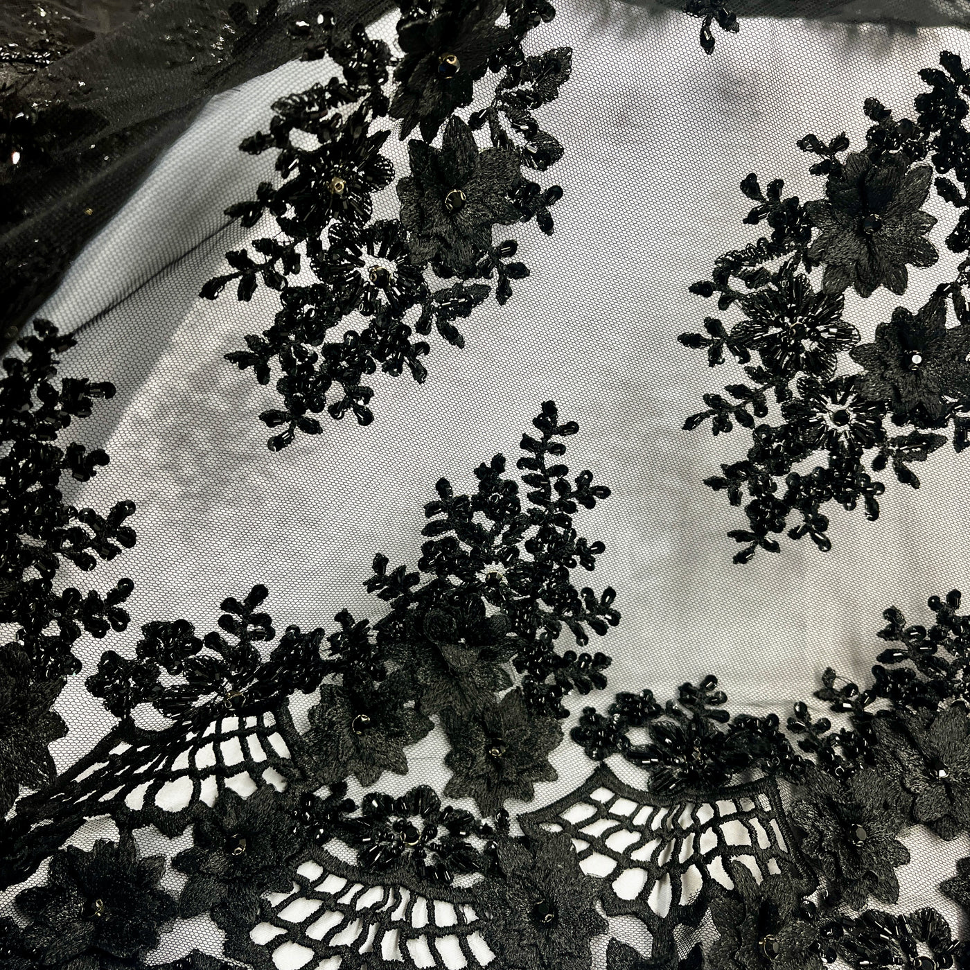 3D Floral Embroidered Net Fabric with Beads & Rhinestones, Sold by the yard. Lace Usa