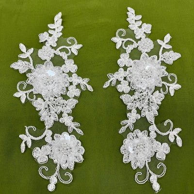 Beaded & Corded Floral Ivory Lace Applique Embroidered on 100% Polyester Organza | Lace USA - 97229W-HB 9" x 4"