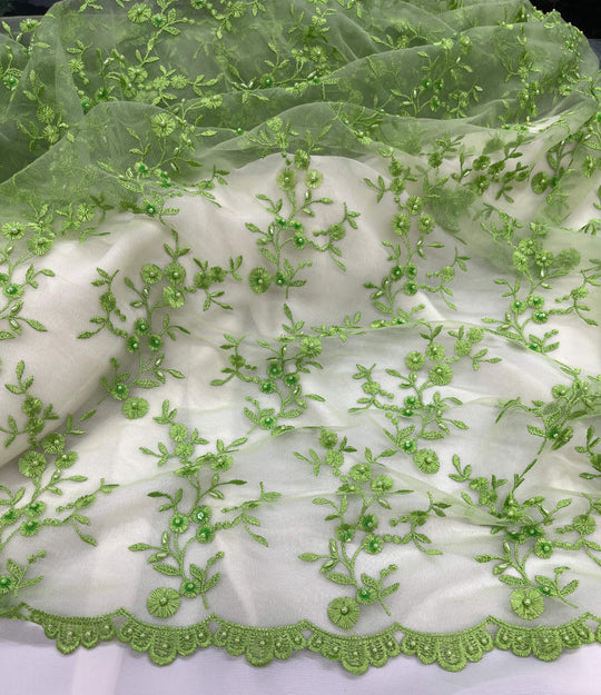 Tela de encaje con cuentas bordada en malla de red 100% poliéster | Encaje EE. UU.