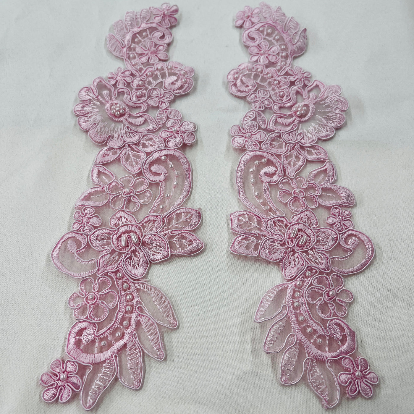 Beaded & Corded Floral Lace Applique Embroidered on 100% Polyester Organza | LaceUSA - 95931N-BP Pink