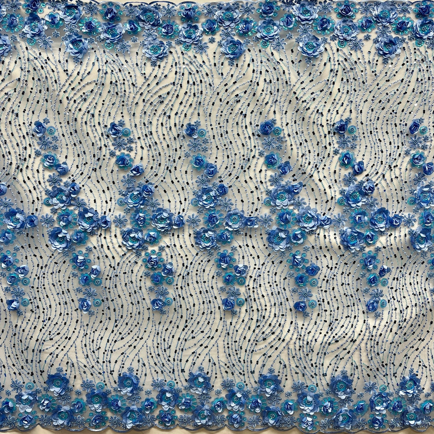 Beaded and Sequined 3D Floral Sparkling Lace Fabric Embroidered on 100% Polyester Net Mesh | Lace USA - GD-2212 Lt. Blue