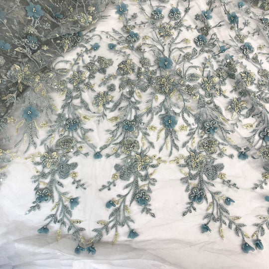 Dusty Blue Beaded 3D floral  Lace Embroidered on Net Mesh - LaceUSA Item GD3165