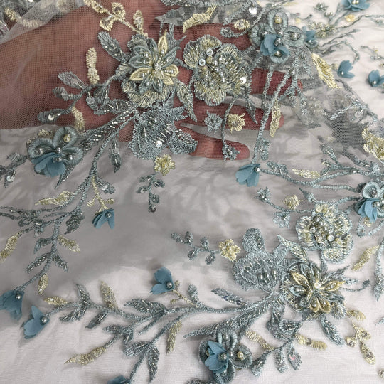 Closeup Dusty Blue Beaded 3D floral  Lace Embroidered on Net Mesh - LaceUSA Item GD3165