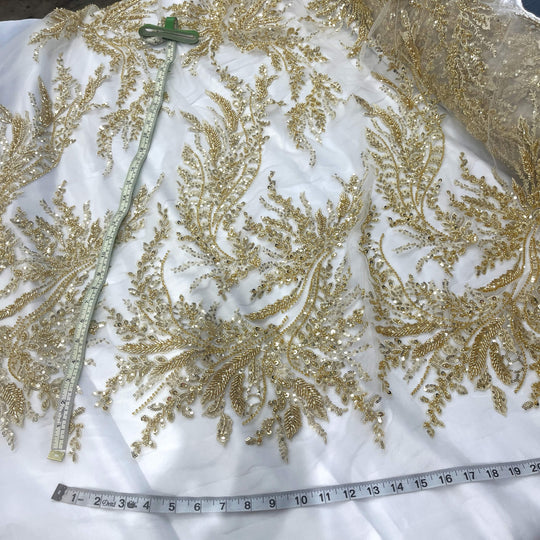 view of Gold lace with beaded vines, sequins, and fine embroidery on sheer mesh with measurement  – stunning for couture and evening wear - LaceUSA GD-12695