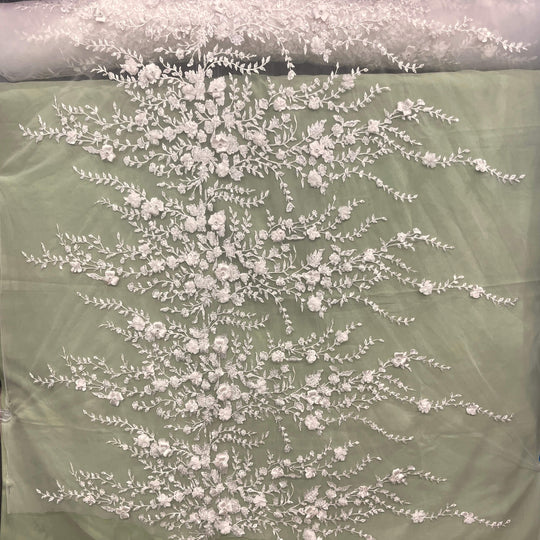 Off White  Beaded 3D loral Quinceanera Lace Fabric- LaceUSA GD3164