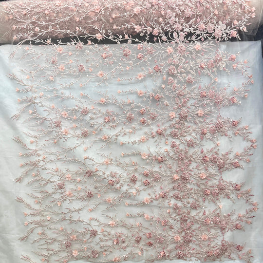 Full view of Pink Beaded 3D floral  Lace Embroidered on Net Mesh - LaceUSA Item GD3165