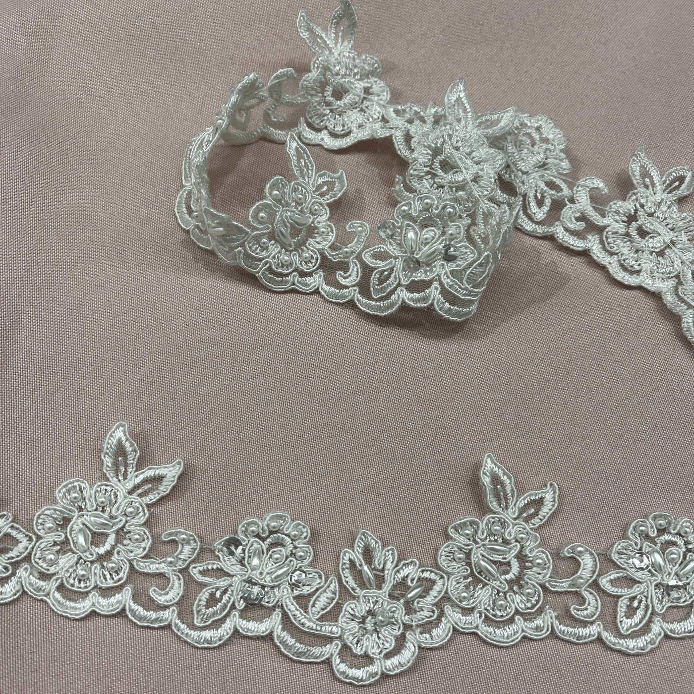 Beaded & Corded Lace Trimming Embroidered on 100% Polyester Net Mesh | Lace USA - KZ-34W-BP