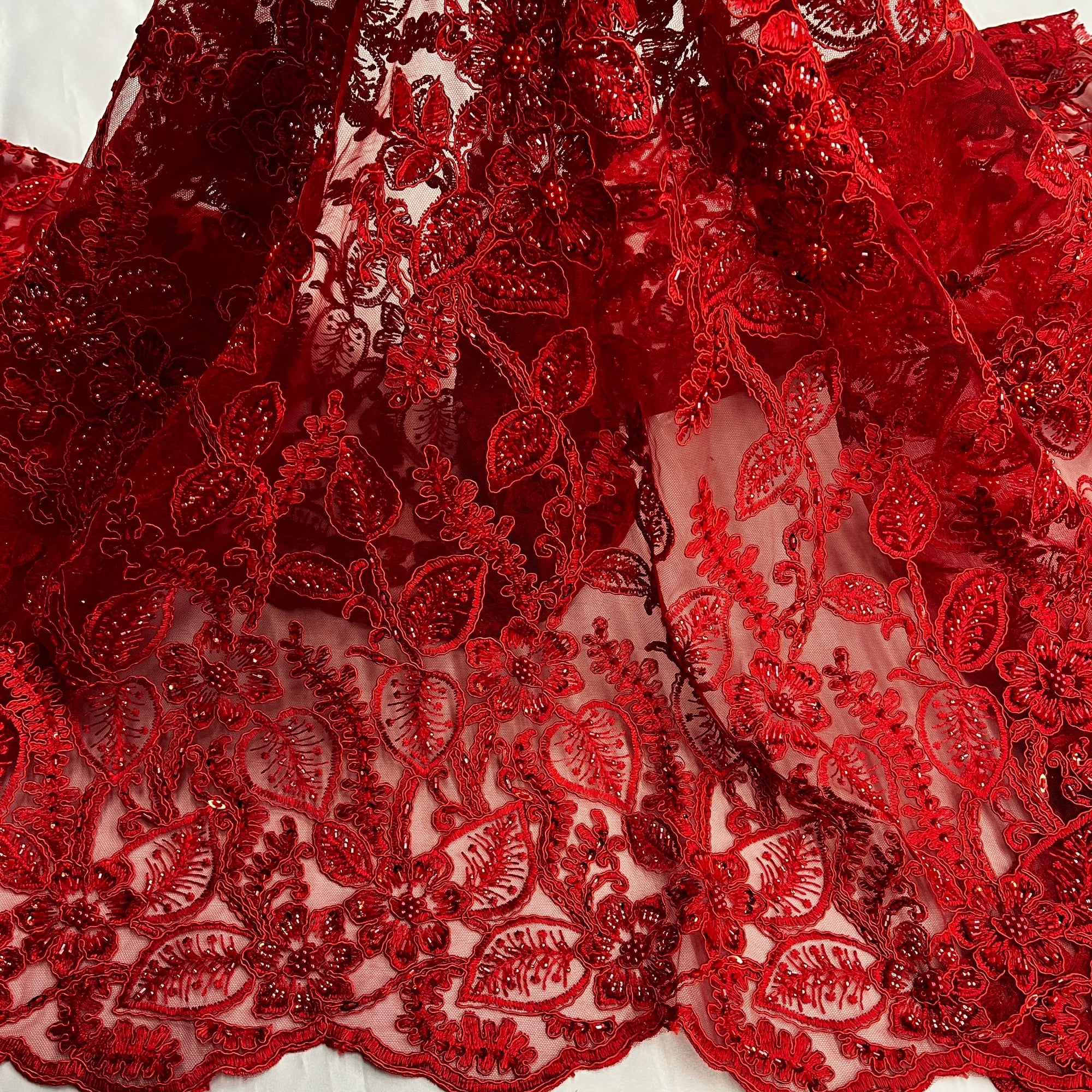 Black Beaded Floral Embroidery Lace Fabric
