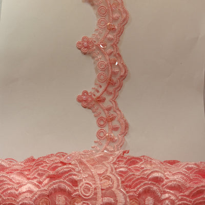 Beaded Peach Lace Trim Embroidered on 100% Polyester Organza . Large Arch Scalloped Trim. Formal Trim. Perfect for Edging and Gowns. Sold by the Yard. Lace Usa