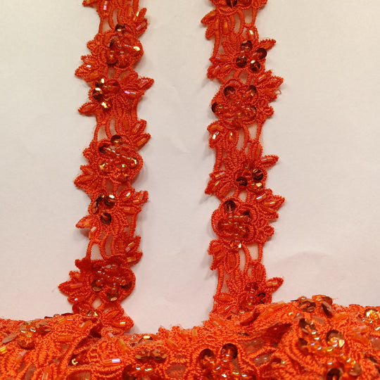 Embroidered Trimming with Heavy Beading on 100% Polyester Organza. Lace Usa