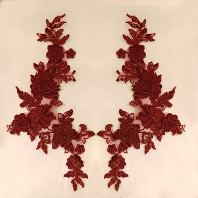 Embroidered Wine Applique with 3D Flowers on 100% Polyester Net Mesh.  Sold by the pair.  Lace Usa