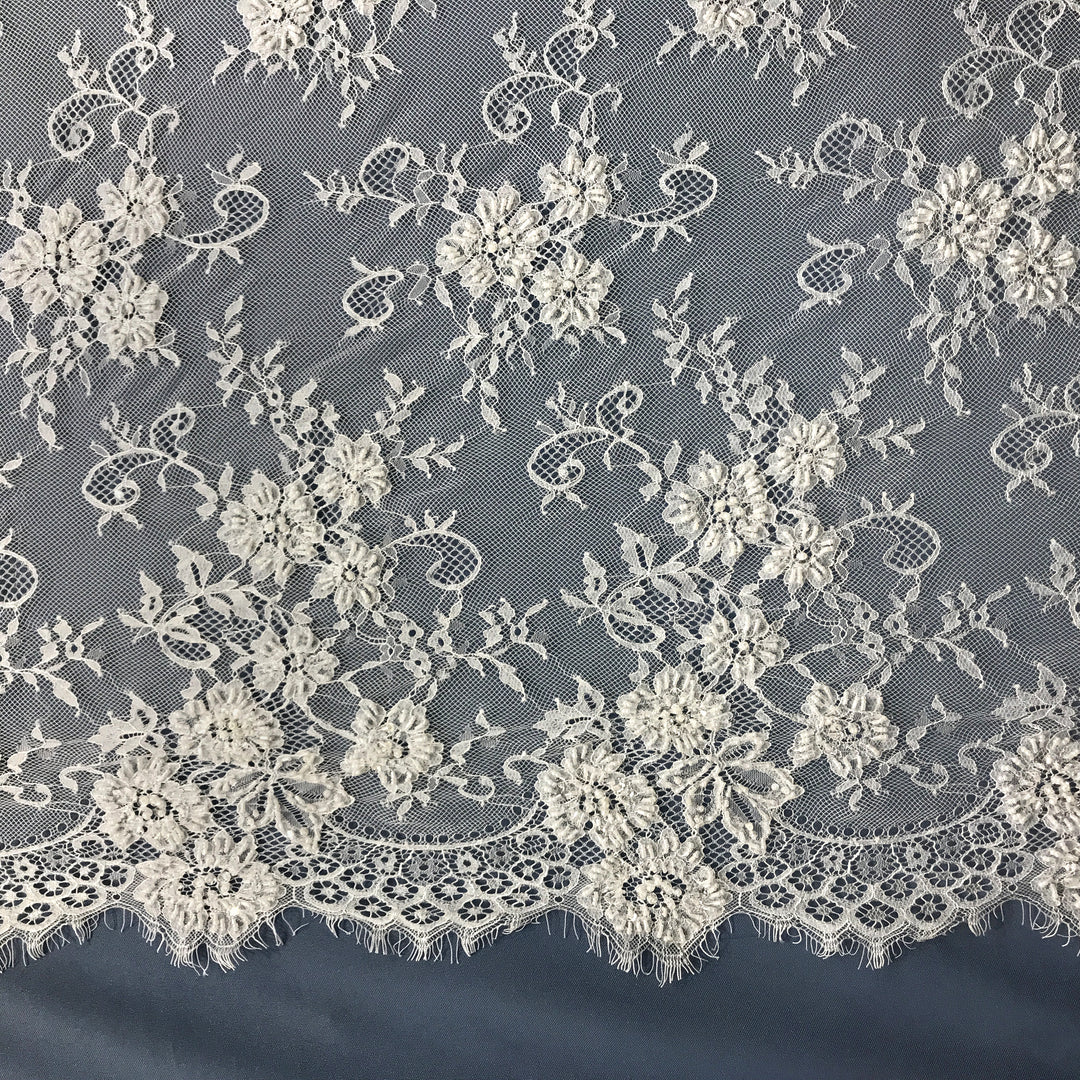 Beaded Chantilly Embroidered Lace Fabric with Double SIde Eyelash Scallop - 3 Yards | Lace USA - 68125W-BP
