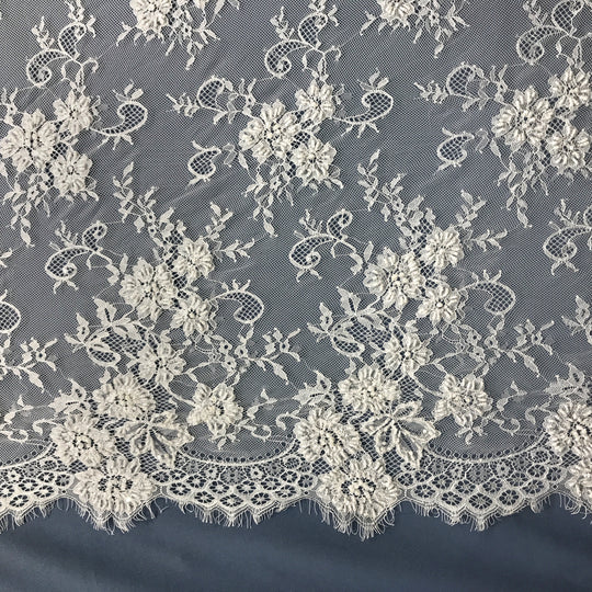 Beaded Chantilly Embroidered Lace Fabric with Double SIde Eyelash Scallop - 3 Yards | Lace USA - 68125W-BP