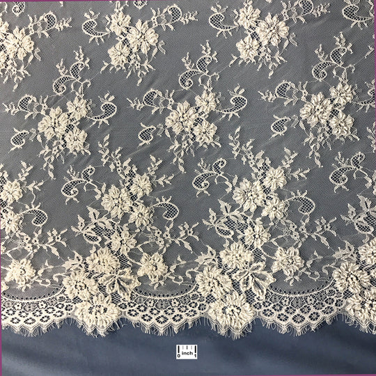 Beaded Chantilly Embroidered Lace Fabric with Double SIde Eyelash Scallop - 3 Yards | Lace USA - 68125W-BP