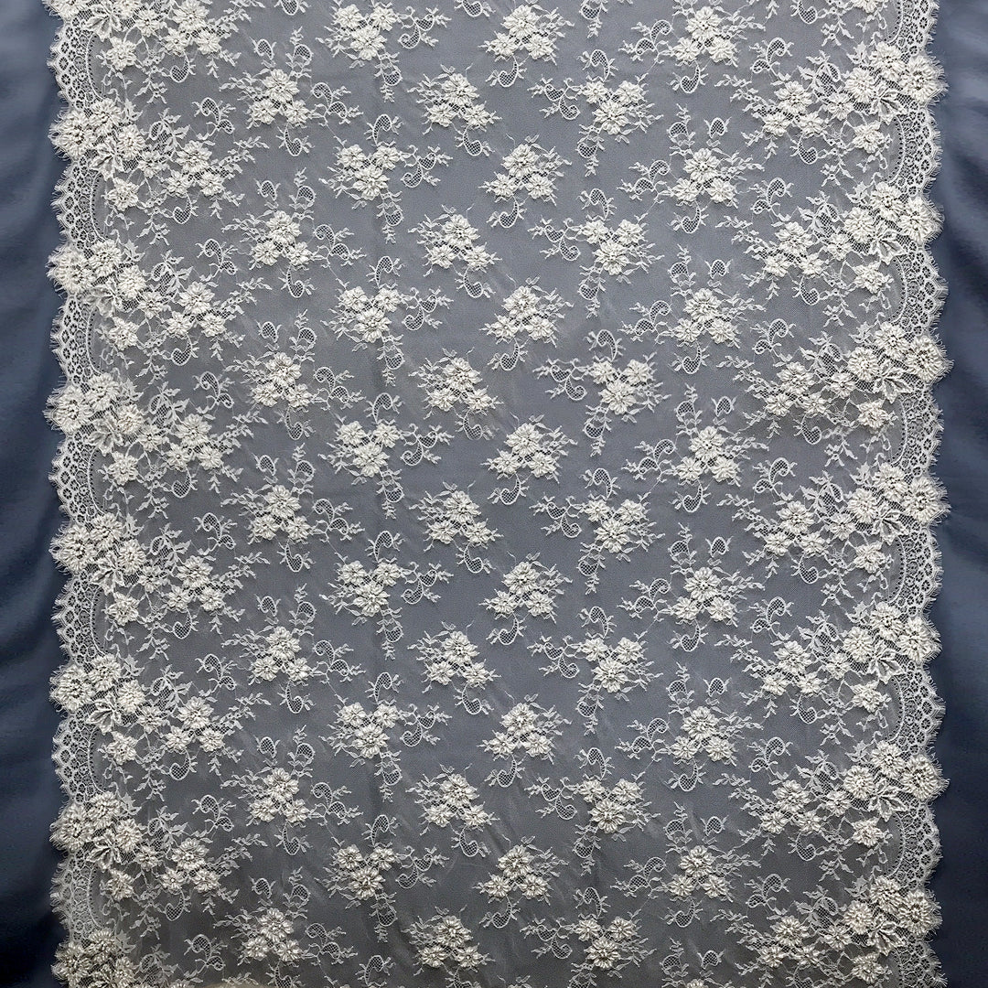 Beaded Chantilly Embroidered Lace Fabric with Double SIde Eyelash Scallop - 3 Yards | Lace USA - 68125W-BP
