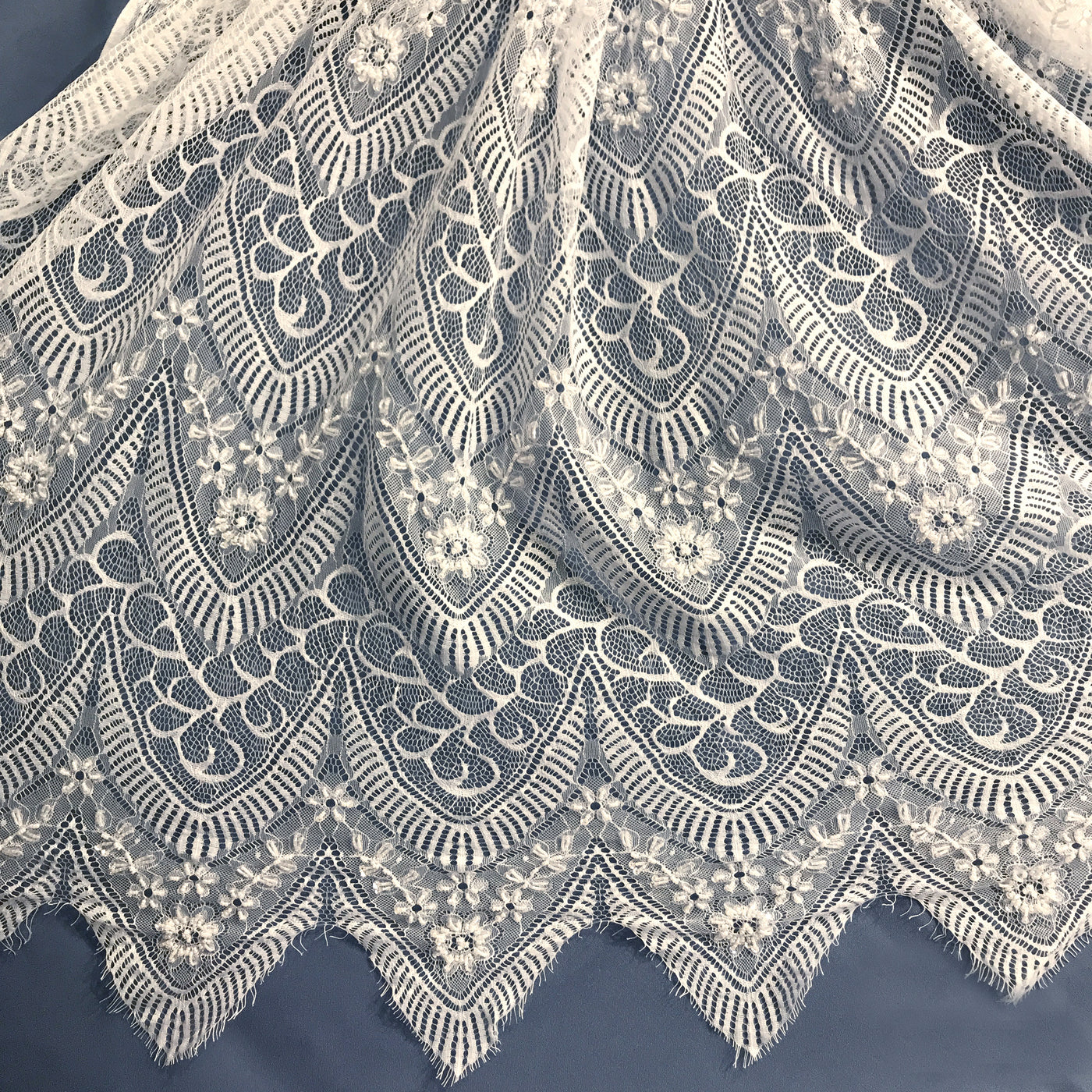 Beaded Chantilly Embroidered Lace Fabric with Eyelash Scallop | Lace USA - 68137W-BP