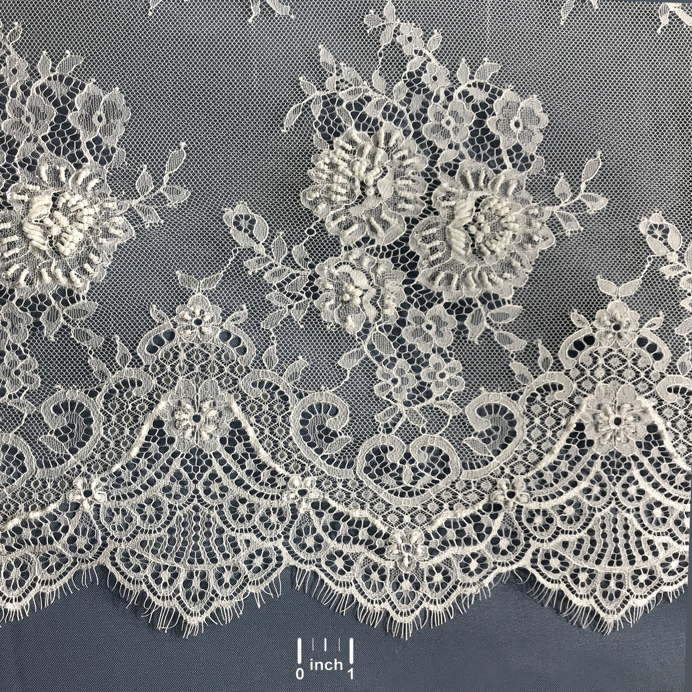 Beaded Chantilly Embroidered Lace Fabric with Eyelash Scallop | Lace USA - 68138W-BP