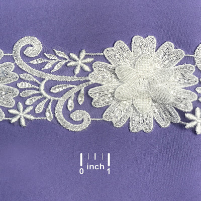 3D Floral Embroidered Trimming with Heavy Beading on Net Lace White Lace Usa