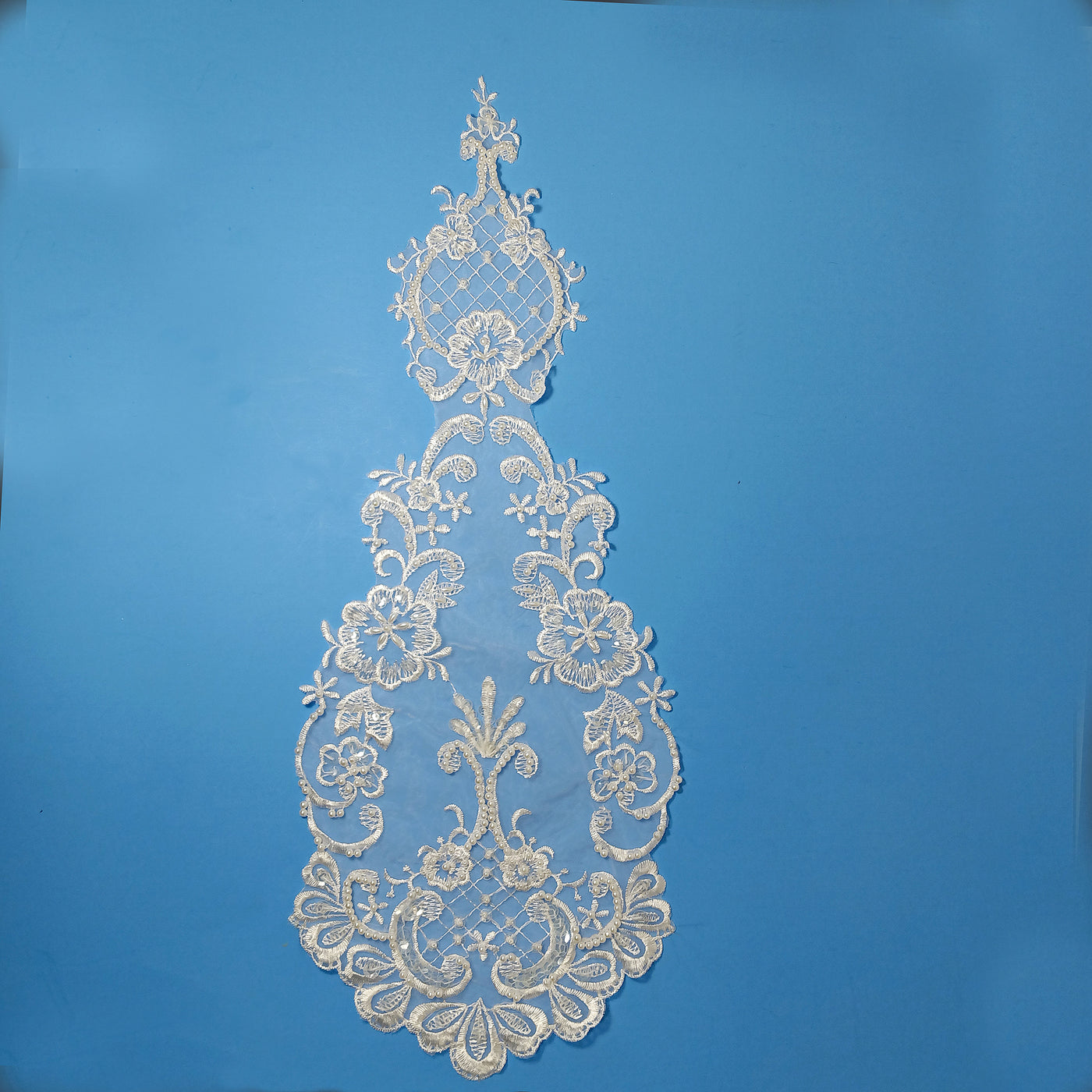 Beaded White Lace Medallion Applique Embroidered on 100% Polyester Organza . Lace Usa