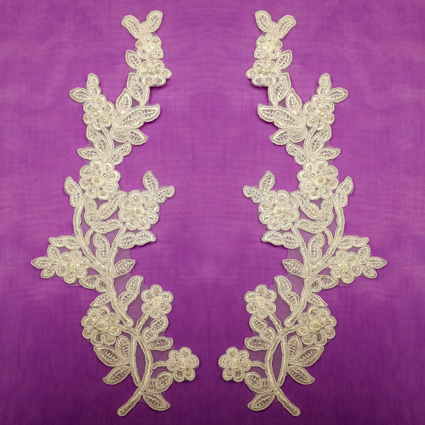 Beaded & Corded Ivory Floral Applique Embroidered on Organza. Sold by the Pair. Lace Usa