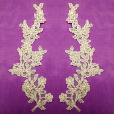 Beaded & Corded Ivory Floral Applique Embroidered on Organza. Sold by the Pair. Lace Usa