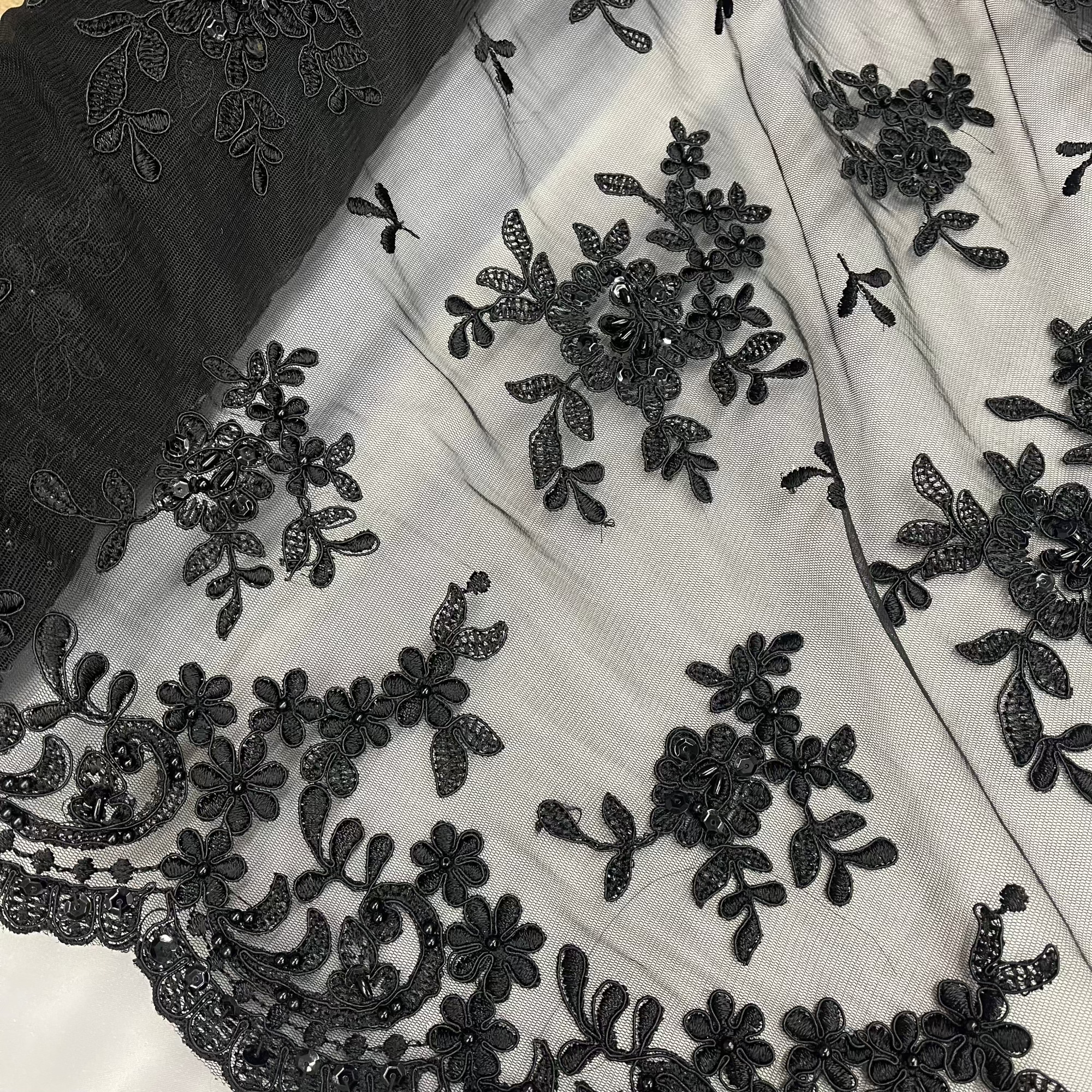 Beaded & Corded Bridal Lace Fabric Embroidered on 100% Polyester Net Mesh | Lace USA - 91436W-BP