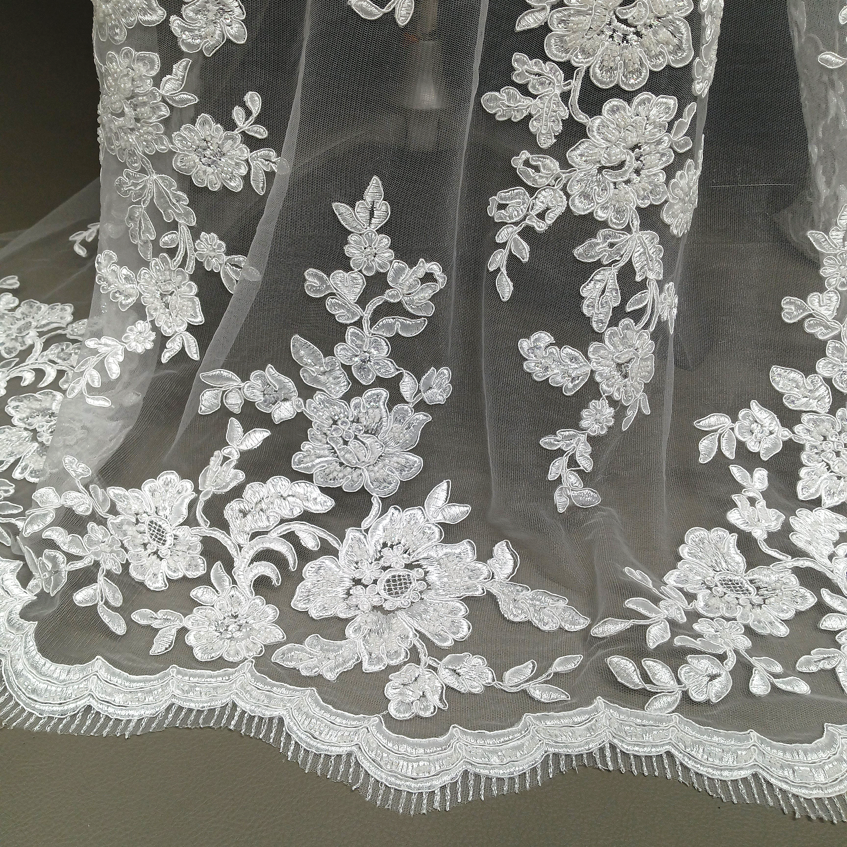 Beaded & Corded Bridal Lace Fabric Embroidered on 100% Polyester Net Mesh | Lace USA - 97145W-HB - White / 51"