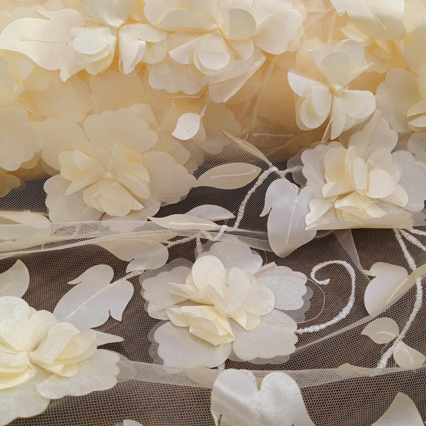 Delicate 3D Flowers Scattered on Embroidered Ivory Soft Tulle Net Fabric. Perfect Wedding Lace for Bridal Dresses or Quinceanera Dresses 54" Wide. Sold by the Yard. Lace Usa