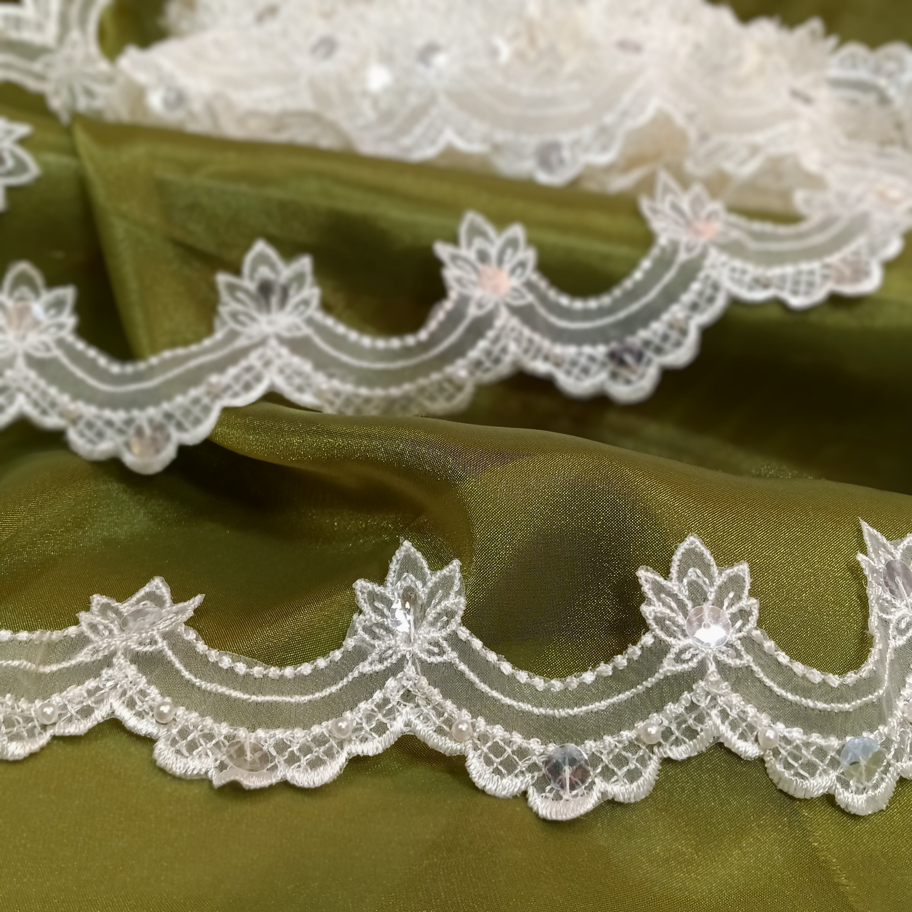 Beaded Lace Trimming Embroidered on 100% Polyester Organza | Lace USA