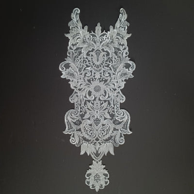 Beaded & Corded White Lace Medallion Applique Embroidered on 100% Polyester Net Mesh. Lace Usa