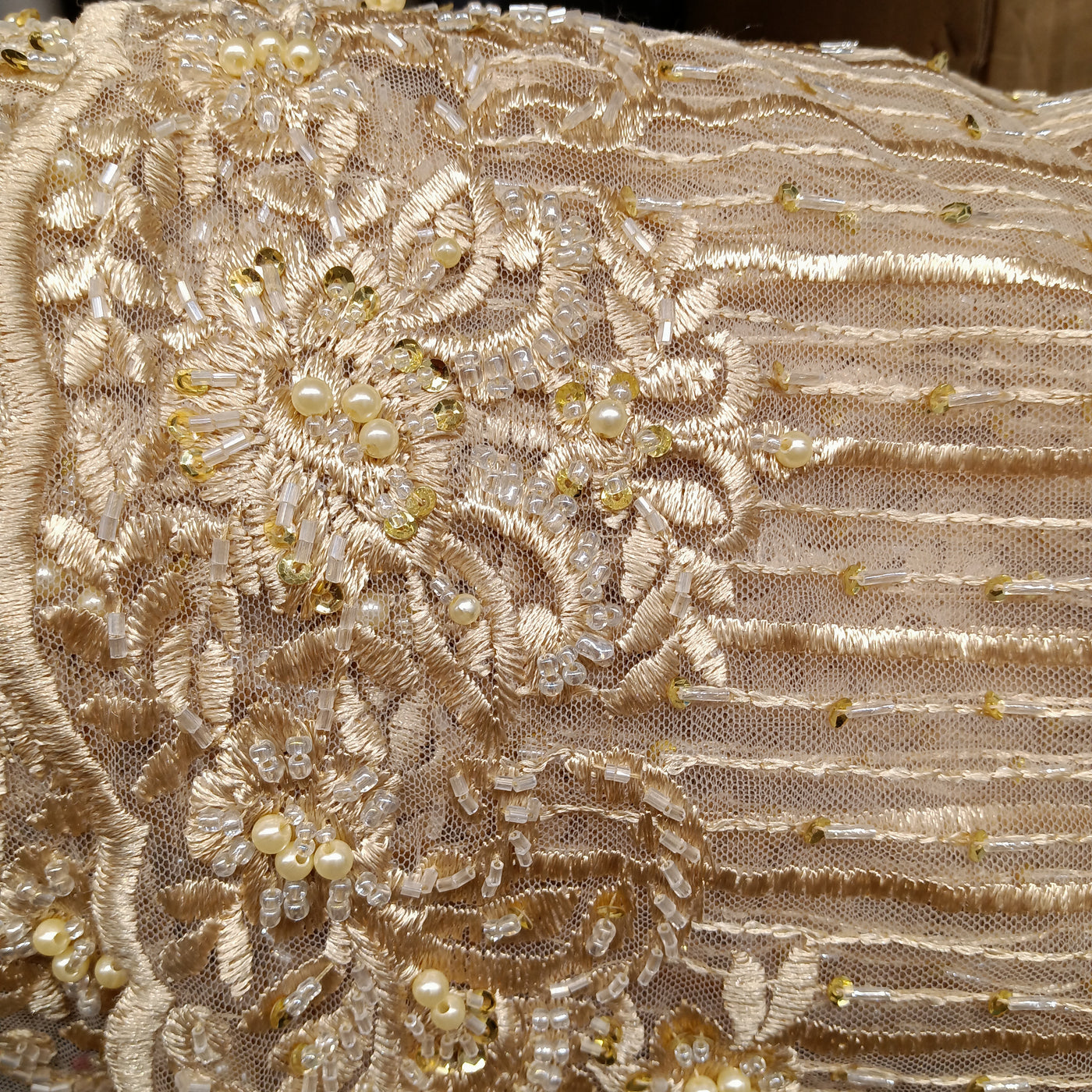 Embroidered & Beautifully Beaded Peach Net Fabric with Beads. Lace Usa