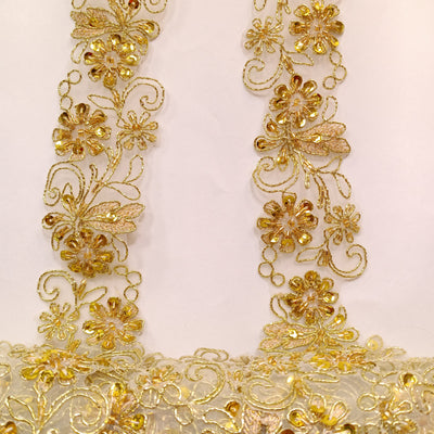 Beaded, Corded & Embroidered on  Organza Metallic Gold Trimming. Lace Usa
