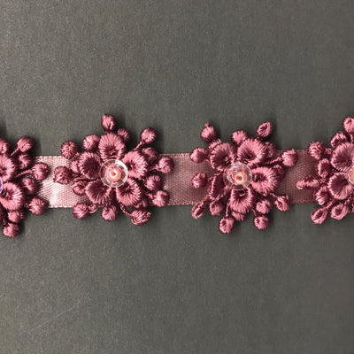 3D Beaded Flower motif on Ribbon Trim Dusty Rose Lace Usa