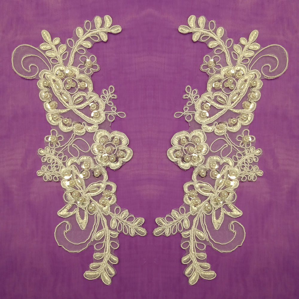 Beaded & Corded Floral Appliqué Lace Embroidered on 100% Polyester Organza or Net Mesh. This can be applied to Theatrical dance ballroom costumes, bridal dresses, bridal headbands endless possibilities. Sold By Pair Lace Usa