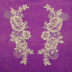 Beaded & Corded Floral Appliqué Lace Embroidered on 100% Polyester Organza or Net Mesh. This can be applied to Theatrical dance ballroom costumes, bridal dresses, bridal headbands endless possibilities. Sold By Pair Lace Usa