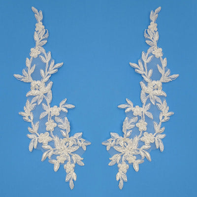 Beaded & Corded Floral White Applique Lace Embroidered on 100% Polyester Organza. Sold By Pair. Lace Usa