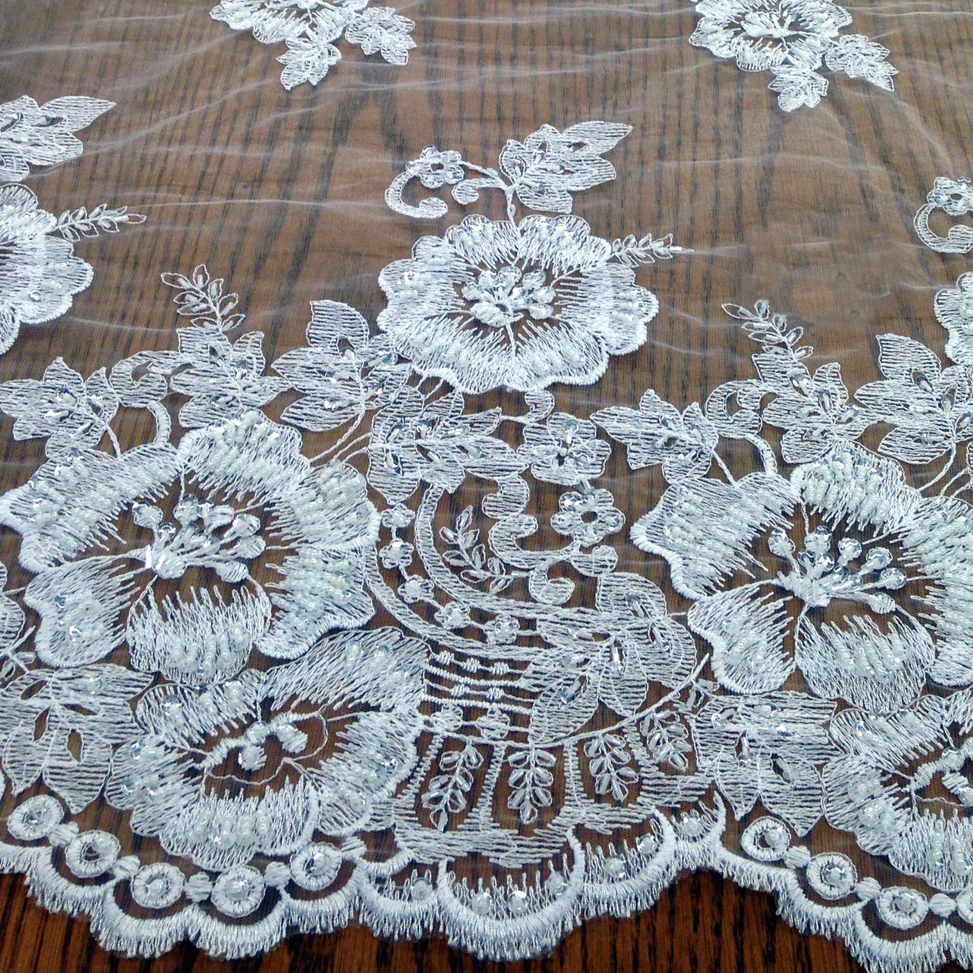 Beaded & Embroidered on 100% Polyester White Mesh Net Lace Fabric.  Sold by the Yard  Lace Usa