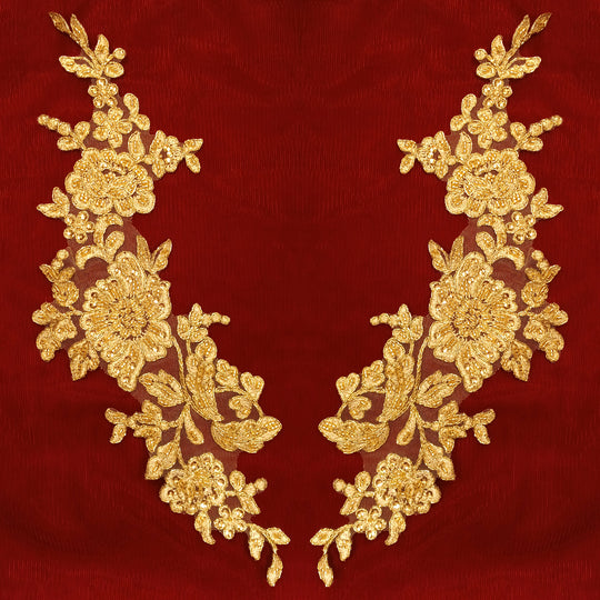 Beaded & Corded Gold Floral Appliqué Lace Embroidered on 100% Polyester Organza or Net Mesh. This can be applied to Theatrical dance ballroom costumes, bridal dresses, bridal headbands endless possibilities.  Sold By Pair.  Lace Usa