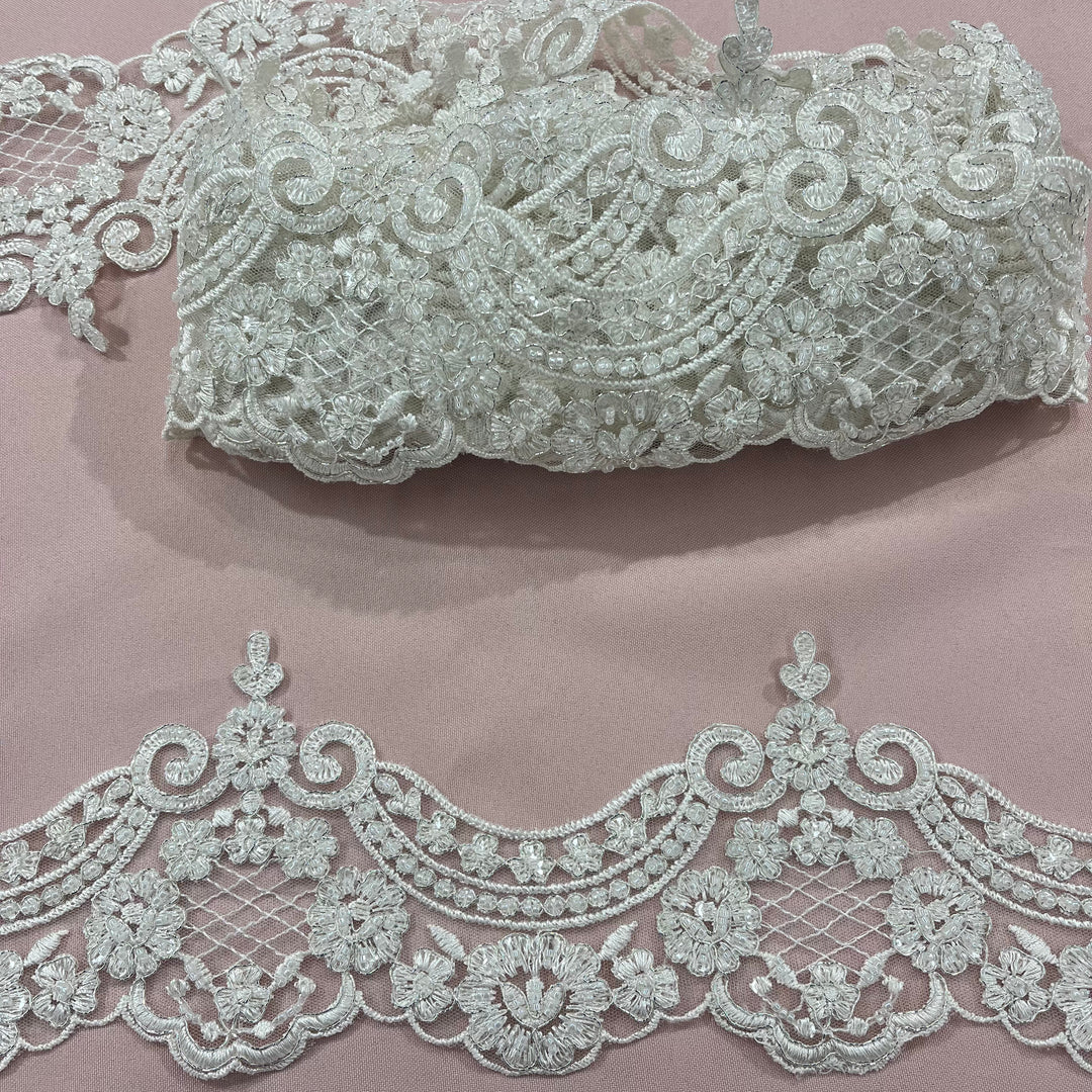 Beaded & Corded Lace Trimming Embroidered on 100% Polyester Net Mesh | Lace USA