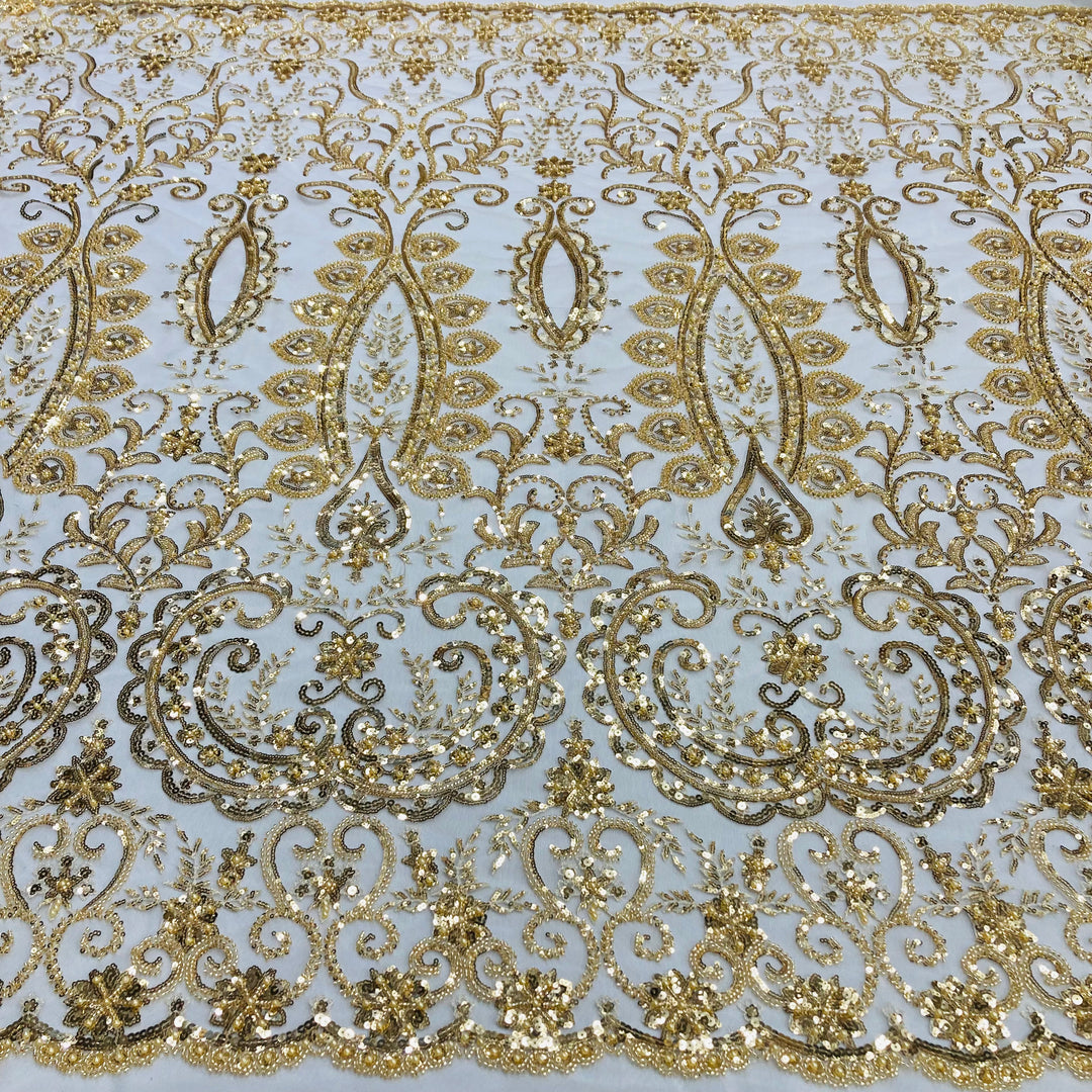 Embroidered & Beaded Net Mesh Fabric with Beads. Lace USA