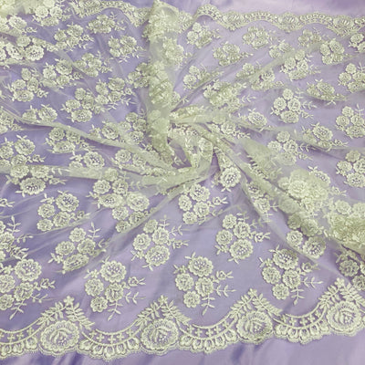 Corded Bridal Lace Fabric Embroidered on 100% Polyester Net Mesh. Lace USA