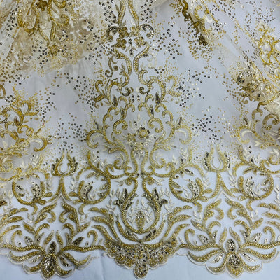 Beaded & Corded Gold Bridal Lace Fabric Embroidered on 100% Polyester Net Mesh | Lace USA