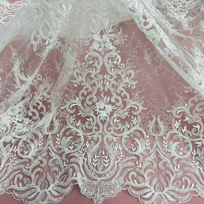 Beaded & Corded Bridal Lace Fabric Embroidered on 100% Polyester Net Mesh | Lace USA - GD-12266 Ivory