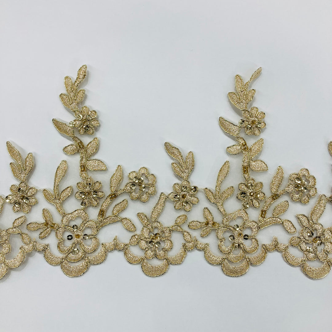 Beaded & Corded Lace Trimming Embroidered on 100% Poly. Net Mesh Lace USA