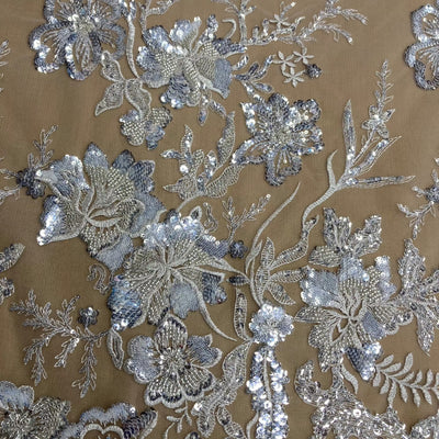 Beaded & Sequined Lace Fabric Embroidered on 100% Polyester Net Mesh | Lace USA - GD-3816 Silver