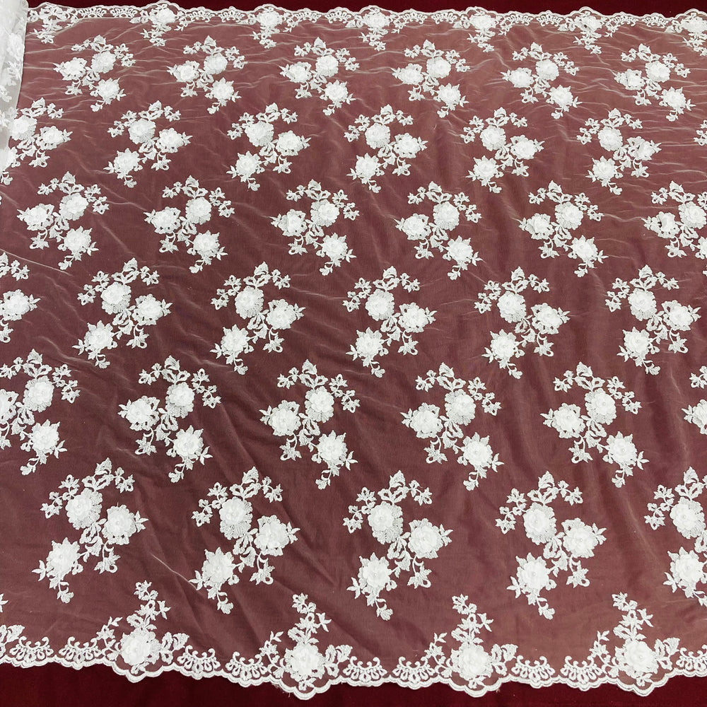 Tela de encaje floral 3D con cuentas bordada en malla de red 100 % poliéster | Encaje EE. UU.