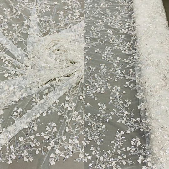 Beaded 3D Floral Lace Fabric Embroidered on 100% Polyester Net Mesh | Lace USA