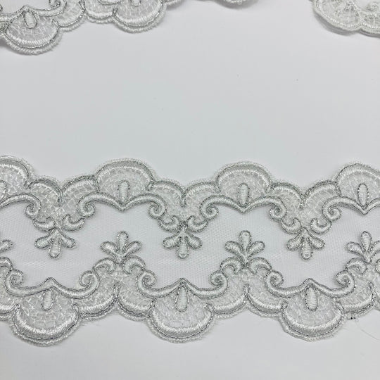 Corded & Embroidered Double Sided White with Silver Trimming on Mesh Net Lace. Lace USA