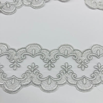 Corded & Embroidered Double Sided White with Silver Trimming on Mesh Net Lace. Lace USA